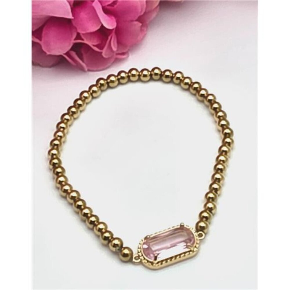 Pink Crystal Stretch Bracelet Gold Tone Ball Bead 6.5" Dainty Stack